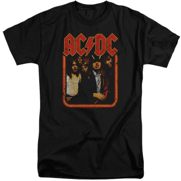 Black men's tall fit t-shirt with vintage-style AC/DC band photo and red logo text.