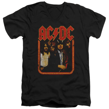 Black men's V-neck t-shirt with distressed red AC/DC logo and vintage band photo on front.