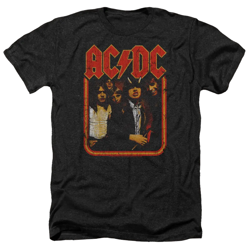 Charcoal men’s t-shirt with distressed AC/DC logo and band photo on front.