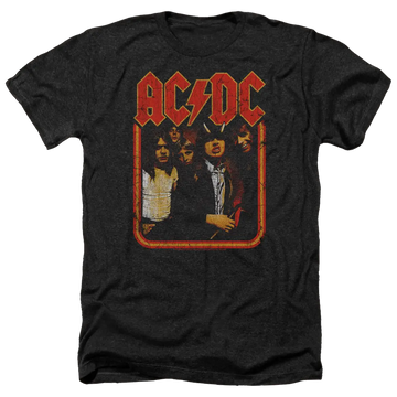 Charcoal men’s t-shirt with distressed AC/DC logo and band photo on front.
