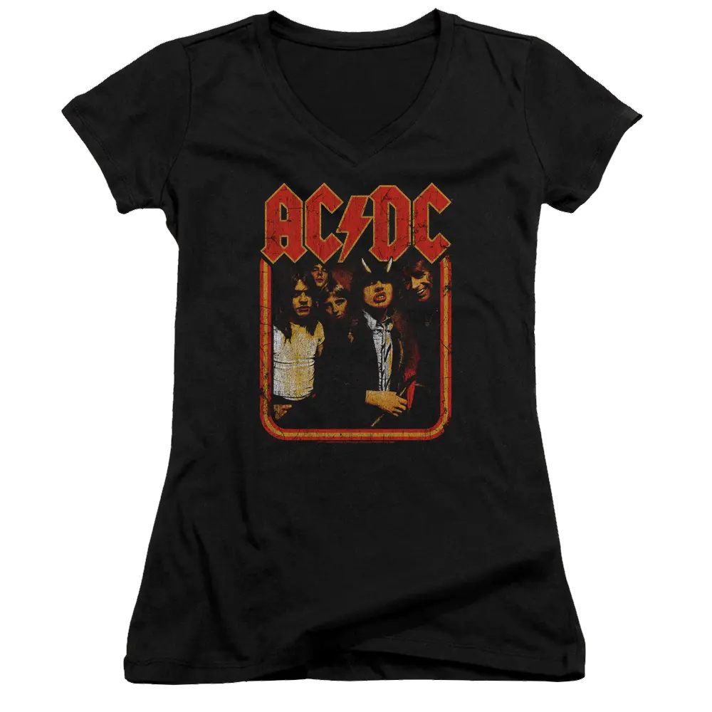 Black juniors V-neck t-shirt with distressed red AC/DC logo and band photo on front.