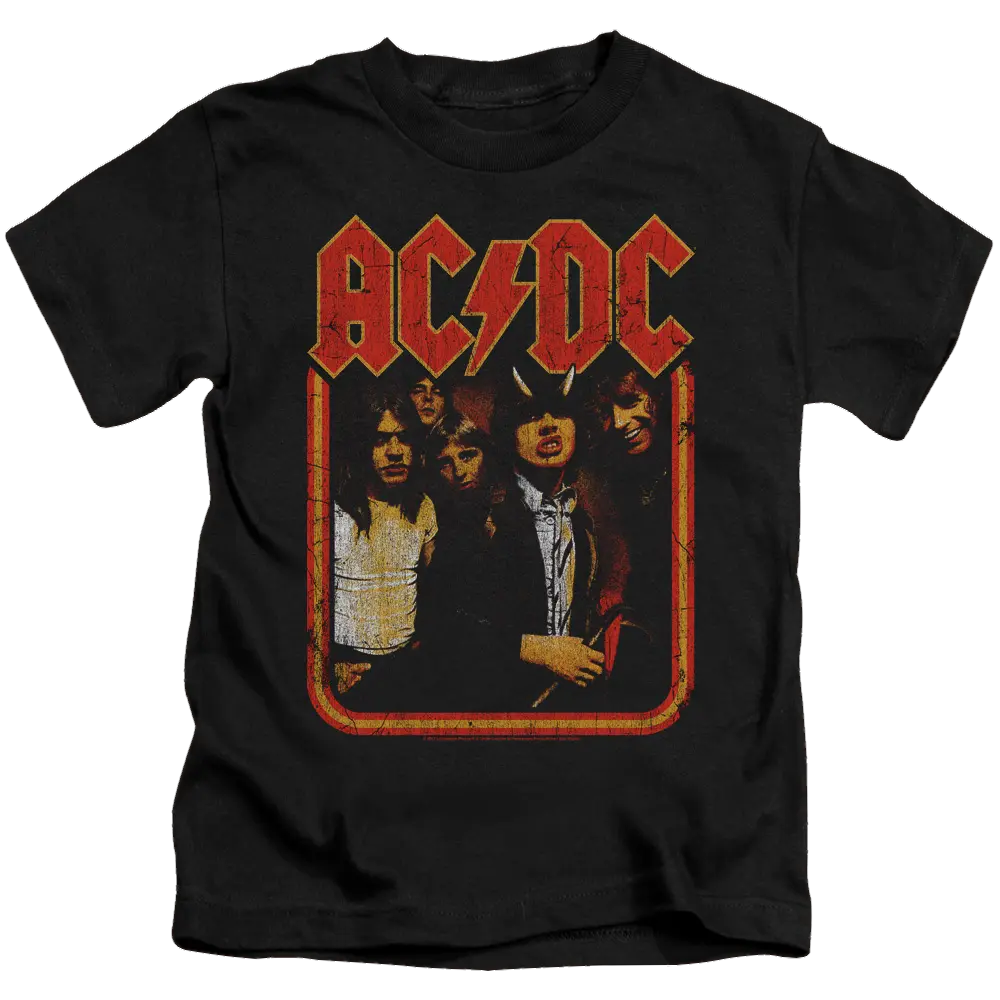 Black kid's t-shirt with distressed red AC/DC logo and band photo on front.