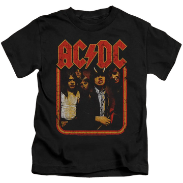 Black kid's t-shirt with distressed red AC/DC logo and band photo on front.