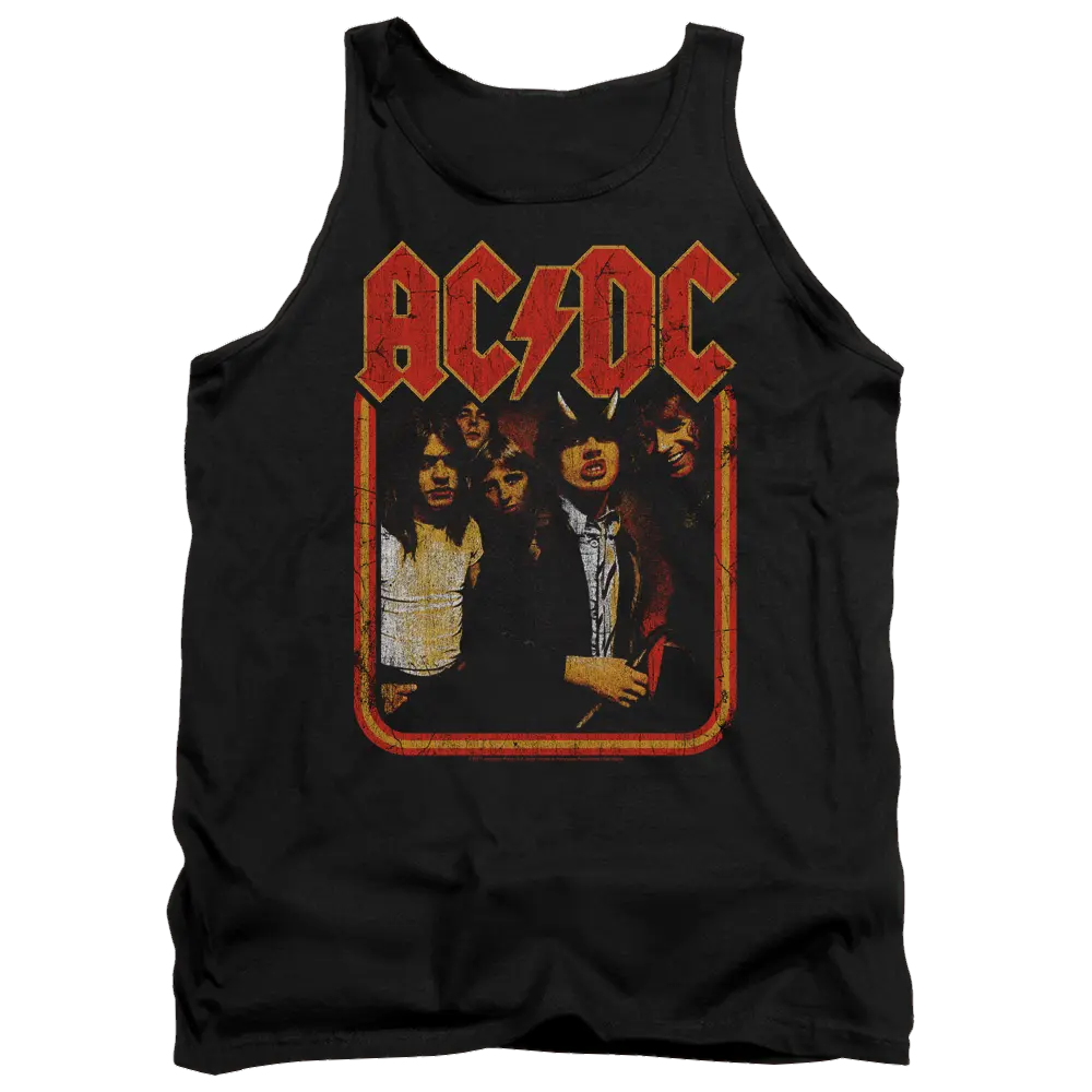 Black men's sleeveless tank top featuring a distressed AC/DC band graphic with red logo and vintage photo.