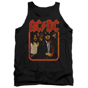 Black men's sleeveless tank top featuring a distressed AC/DC band graphic with red logo and vintage photo.
