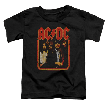 Black toddler t-shirt with vintage-style AC/DC band graphic and red lightning bolt logo.