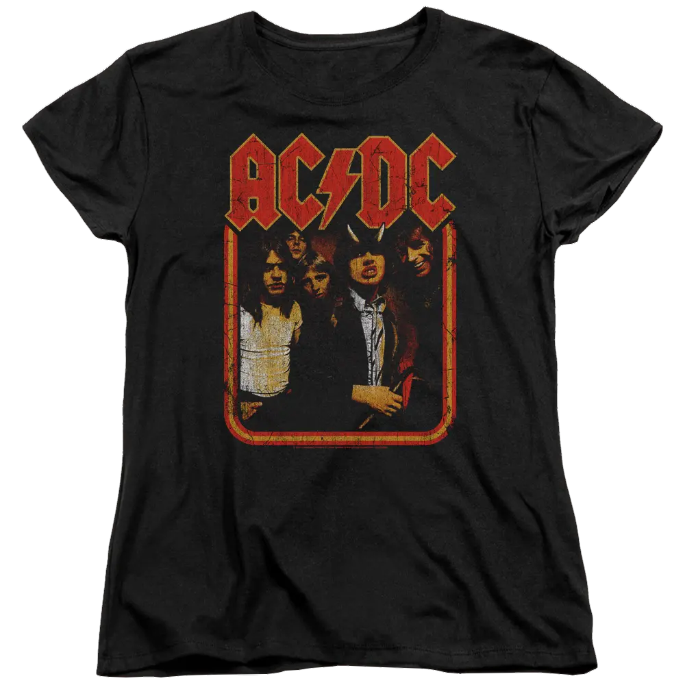 Black women's t-shirt with distressed red AC/DC logo and vintage band photo on front.