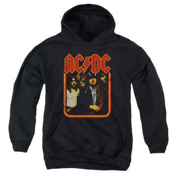 Black youth hoodie with distressed AC/DC band photo and bold red-yellow logo on front.