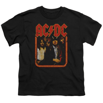 Black youth t-shirt with red distressed AC/DC logo and band photo on front.