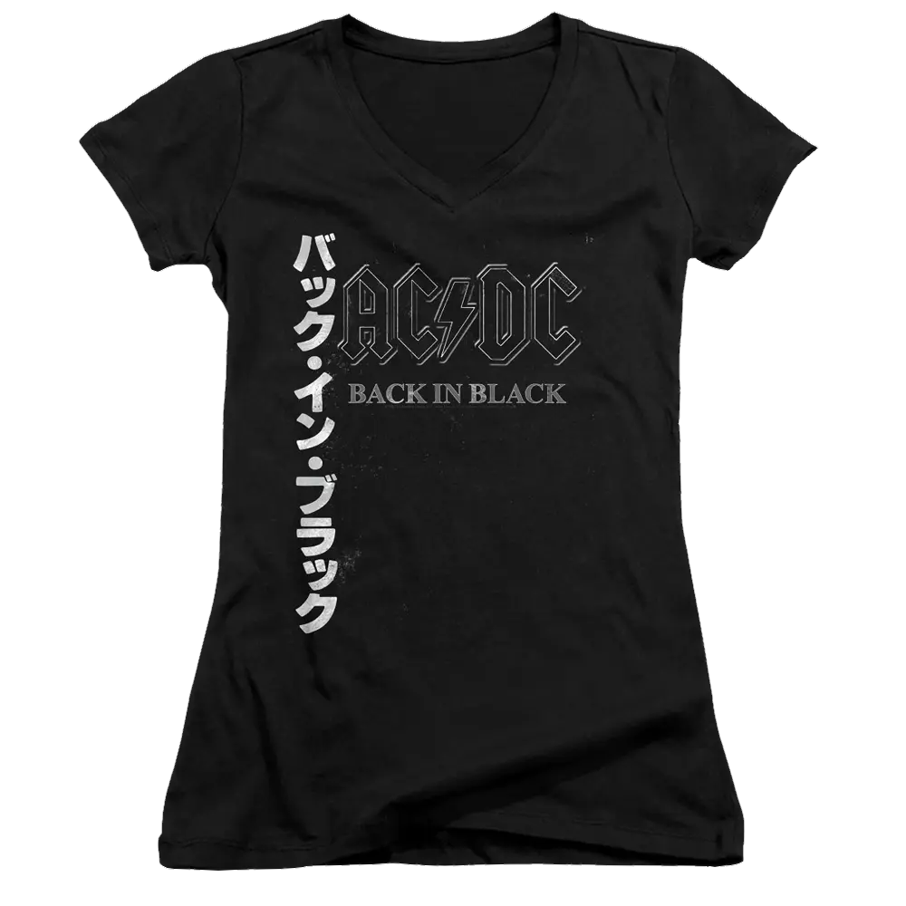 Black juniors V-neck t-shirt with AC/DC Back In Black logo and white vertical Japanese text on left side.