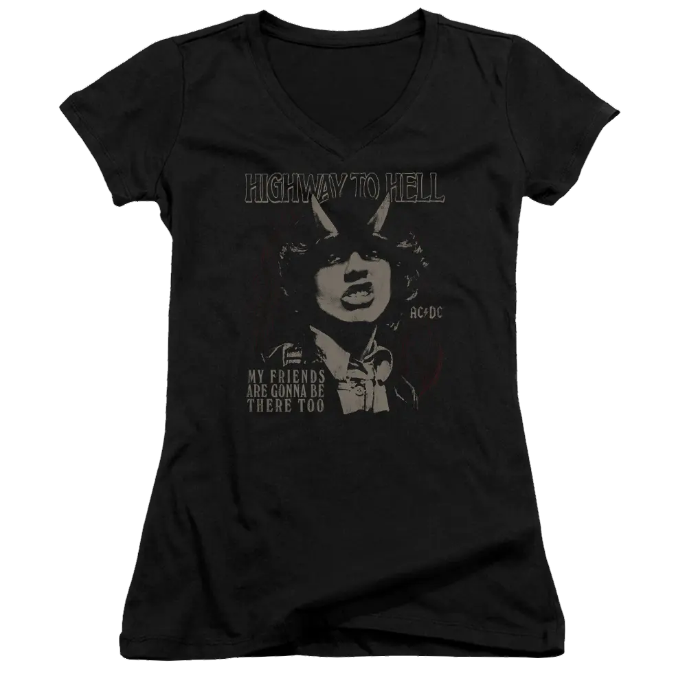 Black juniors V-neck t-shirt with AC/DC "Highway to Hell" graphic and text on front.