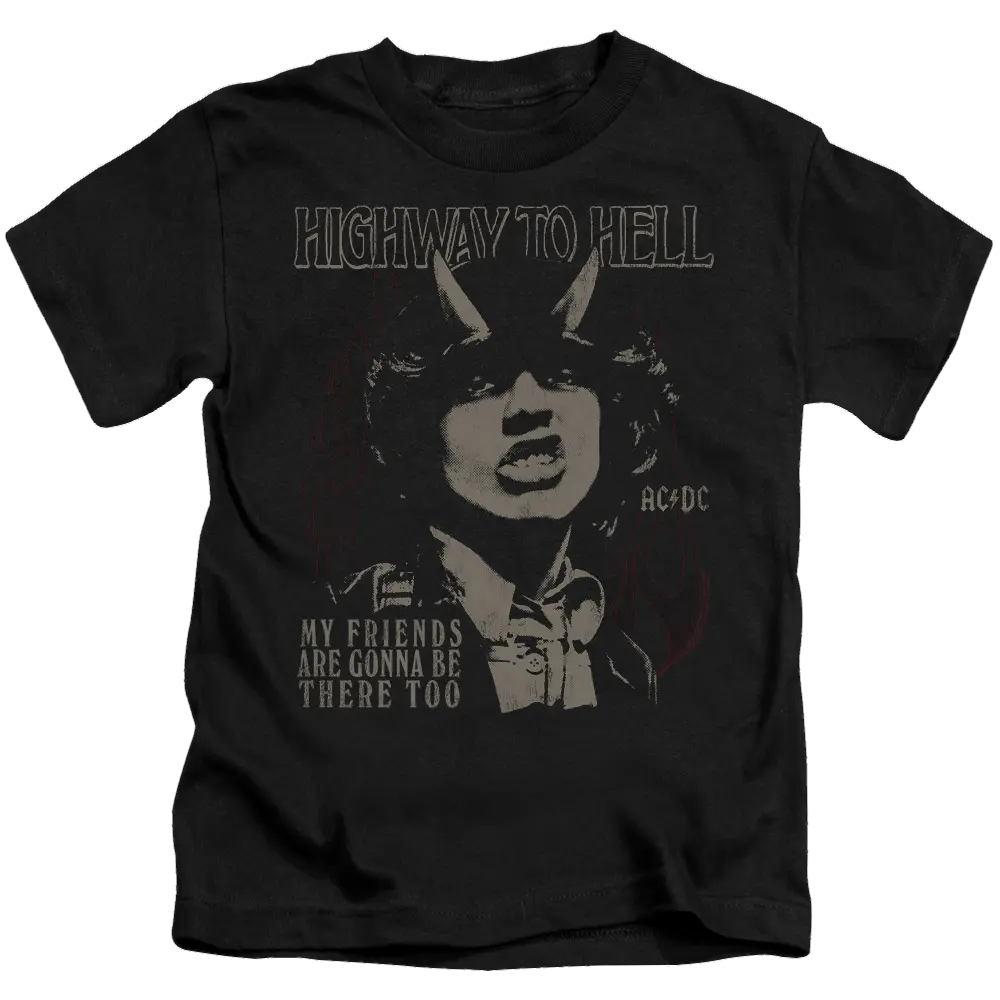 Black kid's t-shirt with vintage AC/DC "Highway to Hell" graphic and band member portrait.