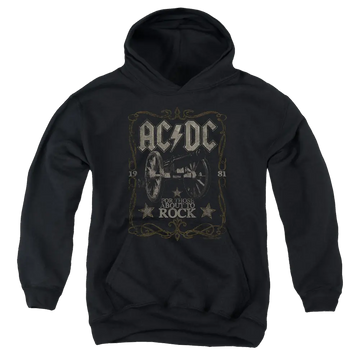 Black youth hoodie for ages 8 to 12 with AC/DC Rock Label graphic