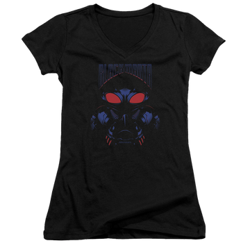 Black juniors v-neck t-shirt with Aquaman Movie Black Manta graphic