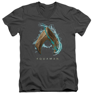 Charcoal men's v-neck t-shirt with Aquaman Movie Water Shield graphic