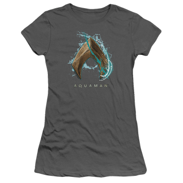 Charcoal juniors t-shirt with Aquaman Movie Water Shield graphic