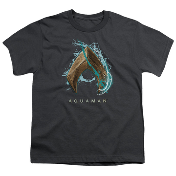 Charcoal youth t-shirt for ages 8 to 12 with Aquaman Movie Water Shield graphic