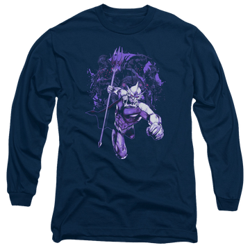 Navy men's long sleeve t-shirt with Aquaman Movie Evil Doers graphic