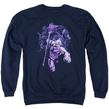 Navy men's crewneck sweatshirt with Aquaman Movie Evil Doers graphic