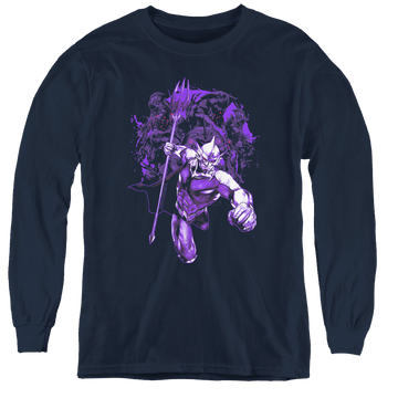 Navy youth long sleeve t-shirt with Aquaman Movie Evil Doers graphic