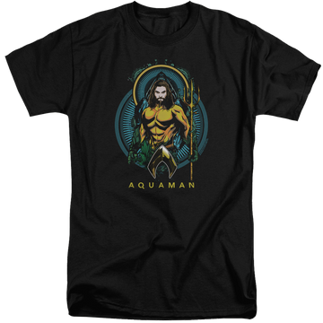 Black men's tall fit t-shirt with Aquaman Movie Aqua Nouveau graphic