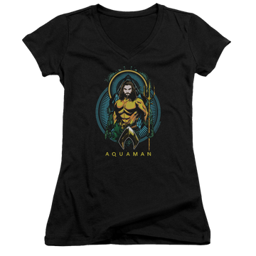 Black juniors v-neck t-shirt with Aquaman Movie Aqua Nouveau graphic