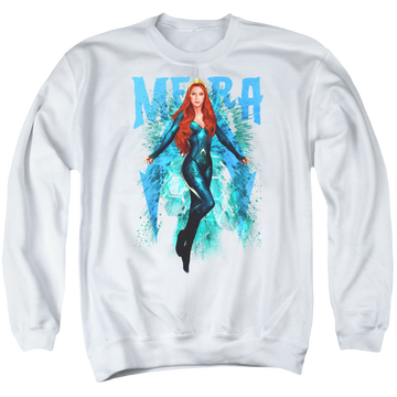 White men's crewneck sweatshirt with Aquaman Movie Mera graphic