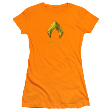 Orange juniors t-shirt with Movie Aquaman Logo graphic