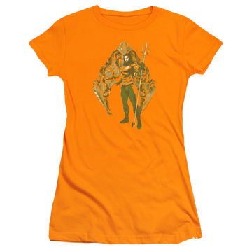Orange juniors t-shirt with Aquaman Movie Shells graphic
