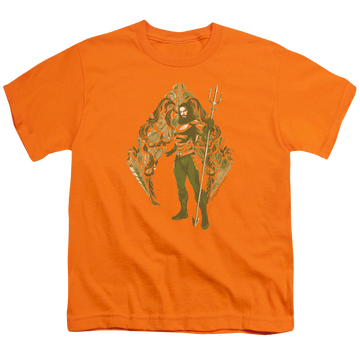 Orange youth t-shirt for ages 8 to 12 with Aquaman Movie Shells graphic