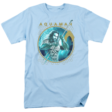 Light blue men's regular fit t-shirt with Aquaman Movie Trident Of Neptune graphic