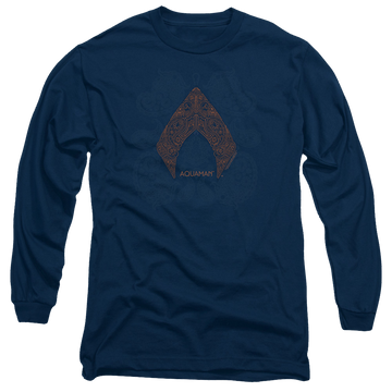 Navy men's long sleeve t-shirt with Aquaman Movie Aqua Paisley graphic