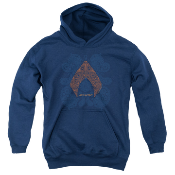 Navy youth hoodie for ages 8 to 12 with Aquaman Movie Aqua Paisley graphic