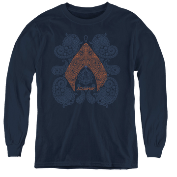 Navy youth long sleeve t-shirt with Aquaman Movie Aqua Paisley graphic
