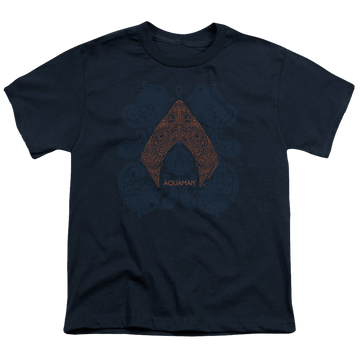 Navy youth t-shirt for ages 8 to 12 with Aquaman Movie Aqua Paisley graphic