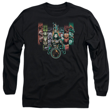 Black men's long sleeve t-shirt with Aquaman Movie Unite The Kingdoms graphic