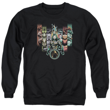 Black men's crewneck sweatshirt with Aquaman Movie Unite The Kingdoms graphic