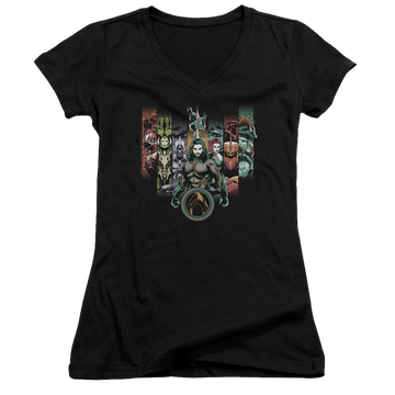 Black juniors v-neck t-shirt with Aquaman Movie Unite The Kingdoms graphic