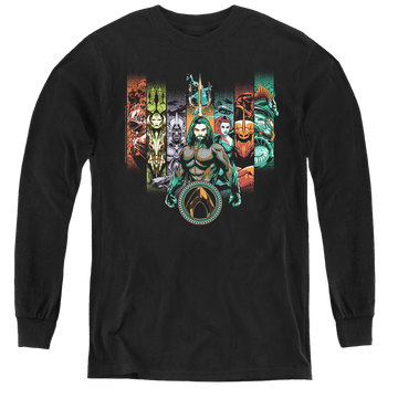 Black youth long sleeve t-shirt with Aquaman Movie Unite The Kingdoms graphic