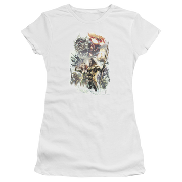 White juniors t-shirt with Aquaman Movie King Of Atlantis graphic