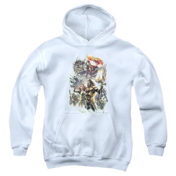 White youth hoodie for ages 8 to 12 with Aquaman Movie King Of Atlantis graphic