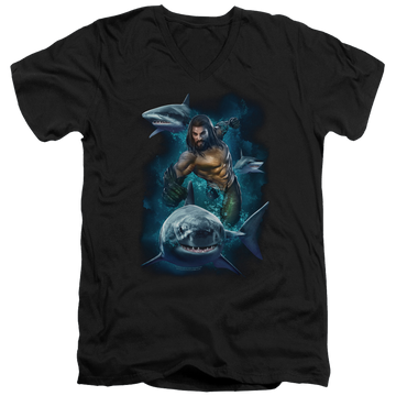 Black men's v-neck t-shirt with Aquaman Movie Swimming With Sharks graphic