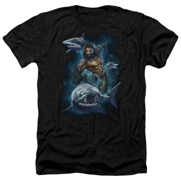 Charcoal men's heather t-shirt with Aquaman Movie Swimming With Sharks graphic