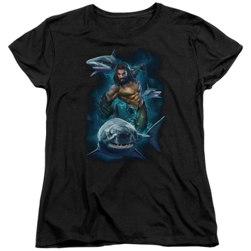 Black women's t-shirt with Aquaman Movie Swimming With Sharks graphic
