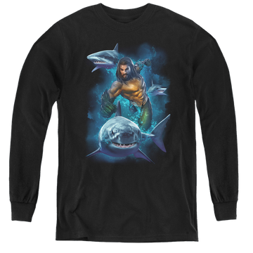 Black youth long sleeve t-shirt with Aquaman Movie Swimming With Sharks graphic