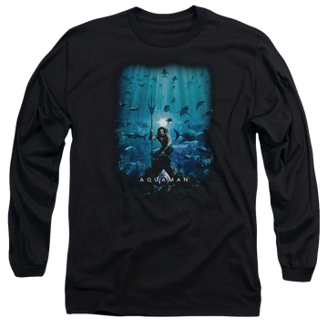 Black men's long sleeve t-shirt with Aquaman Movie Poster graphic
