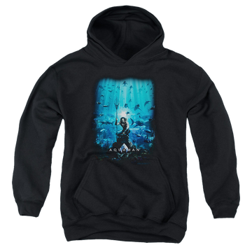 Black youth hoodie for ages 8 to 12 with Aquaman Movie Poster graphic