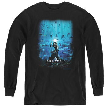 Black youth long sleeve t-shirt with Aquaman Movie Poster graphic
