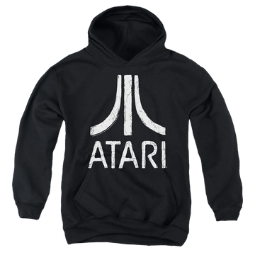 Black youth hoodie for ages 8 to 12 with Atari Rough Logo graphic