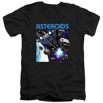 Black men's v-neck t-shirt with Atari 2600 Asteroids graphic